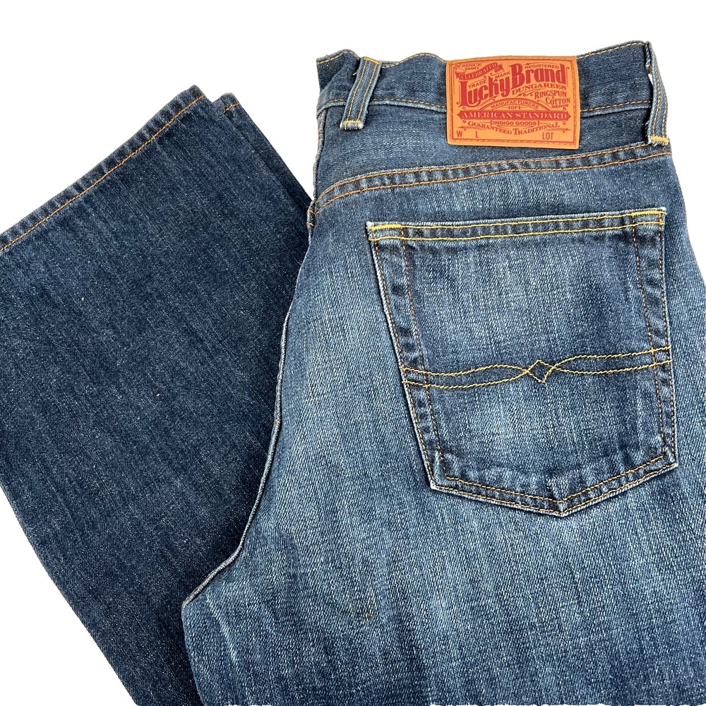 LUCKY BRAND Mens Sz 32 (x33) Dark-Wash Straight-Leg Denim Blue Jeans MADE IN USA
